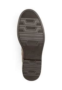 Semelle de chaussure marron avec une surface en caoutchouc texturée, présentant un motif en zigzag, ainsi qu'un indicateur de taille et un détail de logo circulaire.