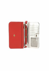 Portefeuille en cuir rouge avec un intérieur argenté brillant, doté d'une poche zippée, de plusieurs emplacements pour cartes et d'une fenêtre transparente pour carte d'identité.