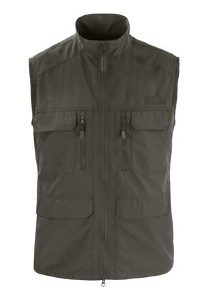 Dark gray sleeveless vest with high collar, front zipper, two chest pockets, and two lower pockets. Made from lightweight, durable fabric.