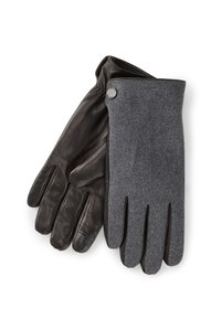 Zwarte leren en grijze wollen handschoenen met een knoopaccent. Ze hebben een gladde textuur met strakke stiksels en een verlengde vorm voor een goede pasvorm.