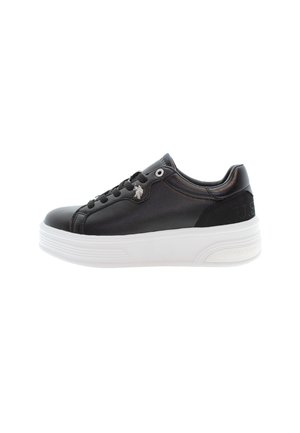 Black leather sneakers with a white platform sole. Features include a smooth texture, lace-up design, and logo detail on the side.