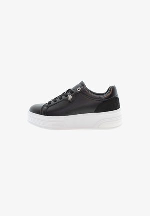 Black leather sneakers with a white platform sole. Features include a smooth texture, lace-up design, and logo detail on the side.