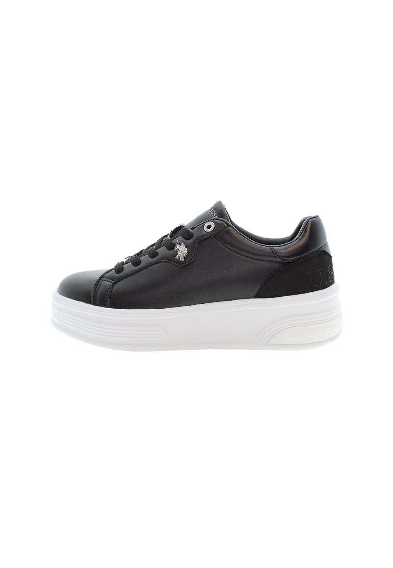 Zapatillas de cuero negro con suela de plataforma blanca. Las características incluyen una textura suave, diseño con cordones y detalle del logo en el lateral.