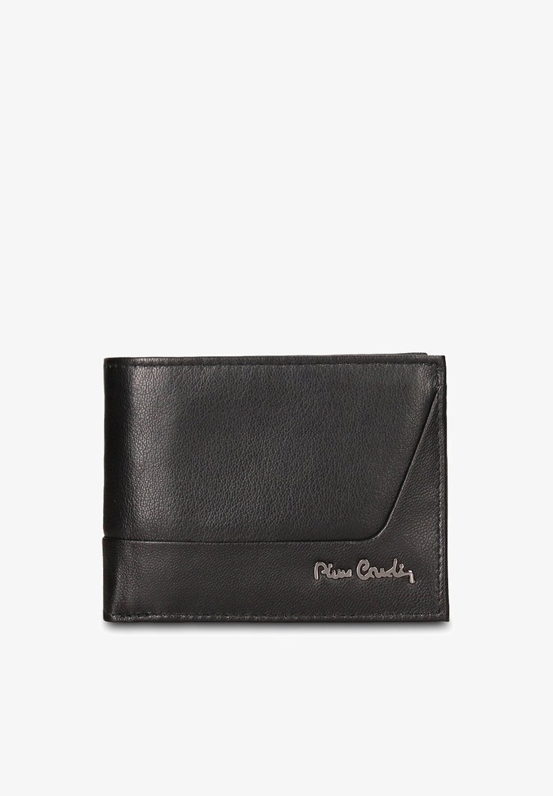 Portafoglio in pelle nera con texture liscia, caratterizzato da un design elegante e un dettaglio logo argentato. Il portafoglio ha una forma piegata e dettagli minimi.