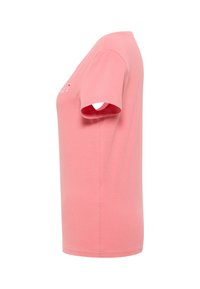 Helles rosa Baumwoll-T-Shirt mit Rundhalsausschnitt, kurzen Ärmeln und gerader Passform; mit besticktem Design auf der Brust.