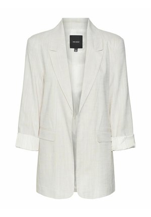 Gaišas krāsa žakete, izgatavota no teksturēta auduma, ar viena pogas aizdari, iedvesmotām atlokiem, rullētiem piedurkņu galiem un divām priekšējām kabatām.