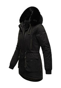 Black parka jacket with a faux fur-lined hood, adjustable drawstrings, multiple pockets, and elastic cuffs. Features a mid-length design.