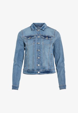 Light blue denim jacket with a classic design, featuring button closure, two chest pockets, and slightly distressed detailing on the hem.