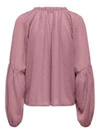 Blouse rose poudrée à manches longues avec encolure froncée, tissu Swiss dot texturé et manches volumineuses avec poignets élastiques.