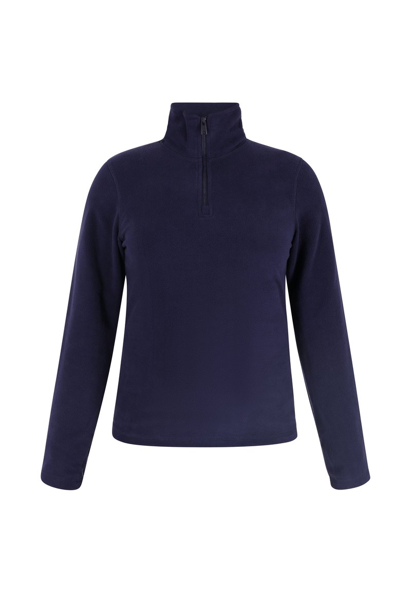 Mørkeblå fleece-pullover med høj krave, halv lynlås og lange ærmer. Blød tekstur med en glat, jævn overflade.