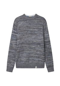 Grauer Strickpullover mit meliertem Muster, verfügt über einen Rundhalsausschnitt und lange Ärmel. Subtile blaue Akzente sorgen für einen schichtigen Look.