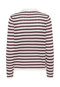 Stickad cardigan med horisontella bordeauxröda och vita ränder, med ribbad textur och en klassisk krage. Bilden visar ryggen.