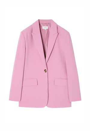 Pink tailored blazer with a notched collar, single button closure, and two front pockets. Smooth fabric with minimal texture.