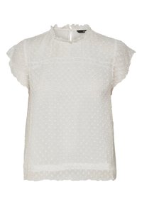Blusa blanca con mangas cortas, patrón de lunares con textura, escote alto con borde con volantes y acentos de encaje a lo largo del pecho y el dobladillo.