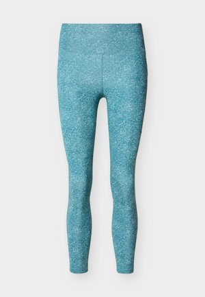 Leggings taille haute couleur sarcelle avec un motif légèrement moucheté, présentés à plat sur un fond blanc.
