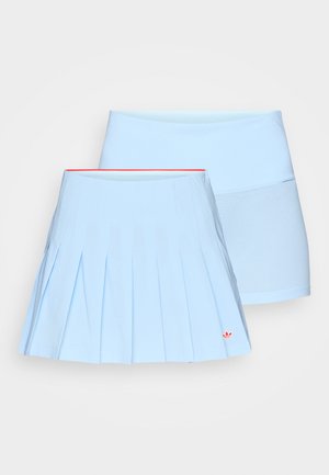 Light blue tennis skirts, one pleated with an elastic waistband and the other a smooth design featuring mesh texture and red accents.