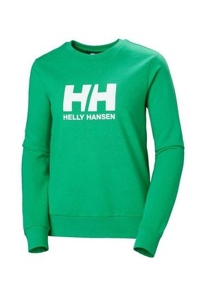 Sudadera verde hecha de una mezcla de algodón, con un logo blanco "HH" y el texto "HELLY HANSEN" en la parte frontal. Diseño de mangas largas y cuello redondo.