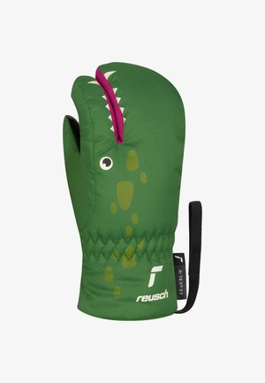 Green winter mittens with dinosaur design, featuring pink accents, white teeth, and a textured fabric. Includes logo and wrist strap.