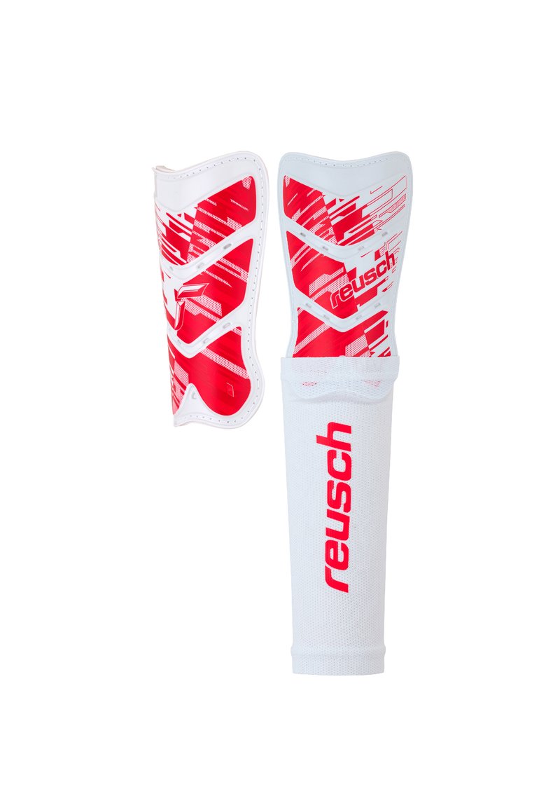 Reusch white shin guards with red accents, featuring a textured surface and protective design, include a soft fabric support sleeve.
