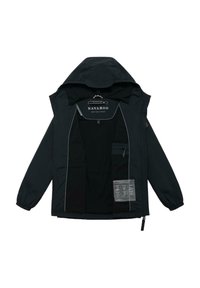 Melnā kapuce jaka atvērta, lai parādītu oderi, zīmola etiketi "Navahoo", rāvējslēdzēju un auduma funkciju ikonas uz iekšējās kabatas.