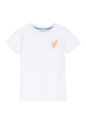 Weißes Baumwoll-T-Shirt mit rundem Ausschnitt und kurzen Ärmeln. Mit einer bunten Eiscreme-Kegel-Stickerei auf der linken Brust.