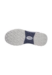 Suola delle scarpe con una base in gomma bianca e modelli di battistrada texture. Al centro c'è una sezione blu navy con un logo, che migliora la presa e la durata.