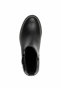 Black leather ankle boot with a textured finish, rounded toe, side zipper, and accent stitching along the edge of the top opening.