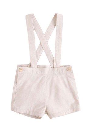 Helle beigefarbene Shorts mit überkreuzten Trägern, Holzknöpfen und einer strukturierten Stoffoberfläche. Verfügt über eine taillierte Passform und ein minimalistisches Design.