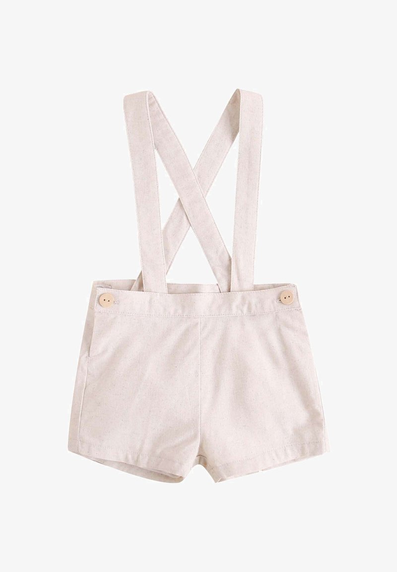 Helle beigefarbene Shorts mit überkreuzten Trägern, Holzknöpfen und einer strukturierten Stoffoberfläche. Verfügt über eine taillierte Passform und ein minimalistisches Design.