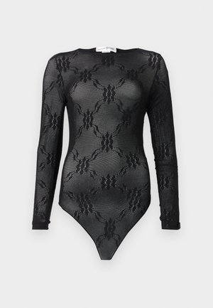 Bodysuit preto de mangas longas feito de tecido transparente com um padrão de renda floral, decote em forma de tanque e corte cavado na parte de baixo.