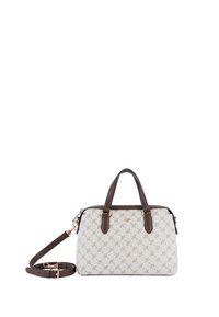 Struktureret håndtaske i beige med et gentaget mønster, brune læderhåndtag og en justerbar rem. Metallisk logodetalje på forsiden.