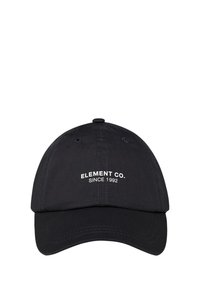 Sort baseball cap lavet af stof med en buet skygge, broderet "ELEMENT CO. SINCE 1992" logo i hvid og syningsdetaljer.