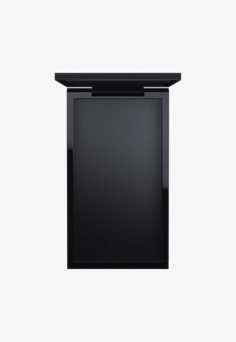 Czarny prostokątny pojemnik z lakierowanym wykończeniem, charakteryzujący się gładką powierzchnią i zawiasową pokrywą, zaprojektowany do przechowywania. Krawędzie są ostre i schludne.