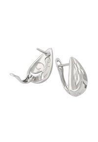Strieborné náušnice v tvare kvapky, s kvetinovým výrezom a lešteným povrchom. Obsahujú pántový uzáver pre bezpečné nosenie.