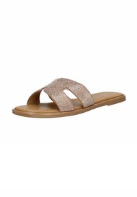 Sandalias de punta abierta hechas de material sintético marrón. Presentan un diseño entrelazado con acentos brillantes a lo largo de las correas.