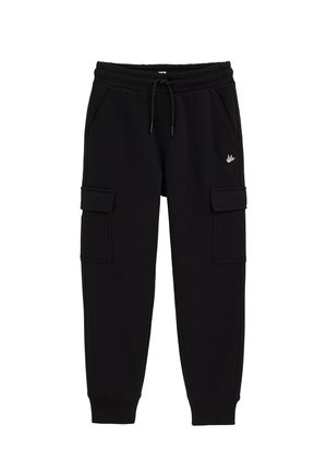 Schwarze Jogginghosen aus Baumwollmischung mit zwei Seitentaschen und zwei Cargotaschen, elastischem Bund mit Kordelzug und gerippten Bündchen.