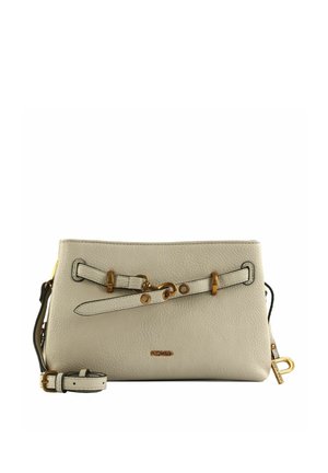 Sac à main en cuir beige avec bandoulière réglable, détail décoratif en boucle dorée et petit logo de marque doré "Picard" à l'avant.