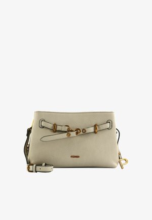 Sac à main en cuir beige avec bandoulière réglable, détail décoratif en boucle dorée et petit logo de marque doré "Picard" à l'avant.