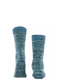 Calze lavorate a maglia in una miscela di tonalità blu e verde, con un polsino testurizzato a coste e un corpo liscio con un motivo melangiato.