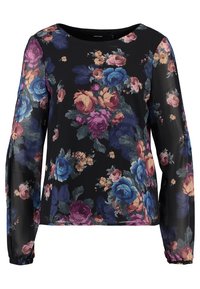 Blumenbluse aus einem schwarzen, transparenten Stoff, mit langen Ärmeln und elastischen Bündchen sowie einem bunten Rosenmuster in Blau-, Pink- und Lilatönen.
