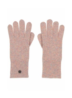 Mânuși tricotate din lână moale, cu fir multicolor în nuanțe pastelate. Au manșete cu nervuri și o etichetă mică neagră pe una dintre mânuși.
