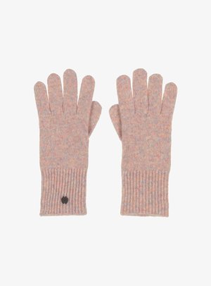 Gestrickte Handschuhe aus weichem, mehrfarbigem Garn in Pastellfarben. Mit gerippten Bündchen und einem kleinen schwarzen Logoetikett an einem Handschuh.