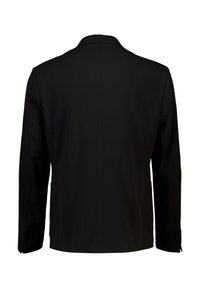 Blazer nero con vestibilità sagomata, tessuto liscio, un solo spacco posteriore e due tasche laterali curve. Dettaglio bottoni sui polsini.