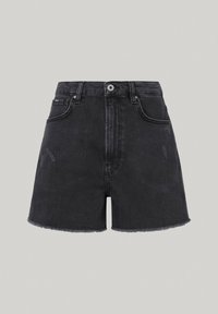 Shorts de mezclilla negra con cintura alta, dobladillo deshilachado y sutiles detalles desgastados. Diseño clásico de cinco bolsillos y cierre de botón de metal.