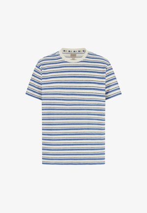 Camiseta de punto de manga corta con rayas horizontales en blanco, azul y negro, y cuello redondo.