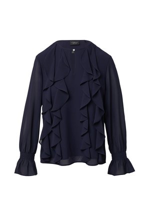 Blouse bleu marine en tissu léger, avec des détails froncés sur le devant et des poignets élastiqués à bouts évasés.