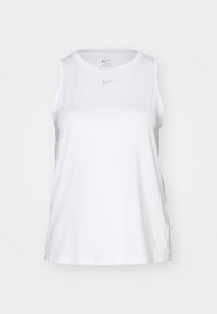 Camiseta deportiva blanca sin mangas con un cuello redondo. Presenta un pequeño logo de Nike en el pecho y una textura suave.