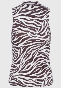 Ermeløs topp laget av myk tekstil med et svart-hvitt zebra-stripes mønster, med høy hals og kroppsnær passform.