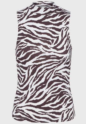Mouwloze top van zachte stof met een zwart-wit zebrapatroon, voorzien van een hoge hals en een figuurnaaid ontwerp.