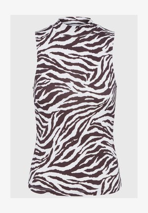 Ujjatlan, puha anyagból készült felső, fekete-fehér zebra csíkos mintával, állógallérral és testhez simuló fazonnal.